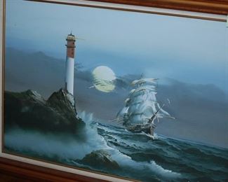 Lighthouse and ship painting