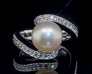 White Pearl and Diamond Estate Ring in 14k White Gold