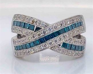Blue and White Diamond Criss Cross Ring 14k White Gold