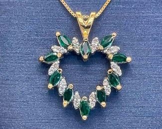 Emerald and Diamond Heart Shaped Pendant in 14k Gold