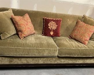 Pottery Barn sage green velvet sofa w/pillows