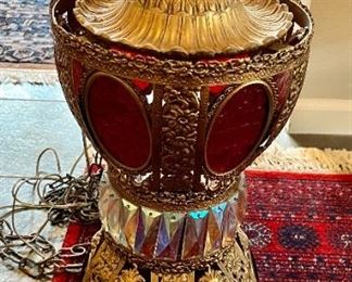 Hollywood Regency MCM hanging swag lamp with red glass and jewels