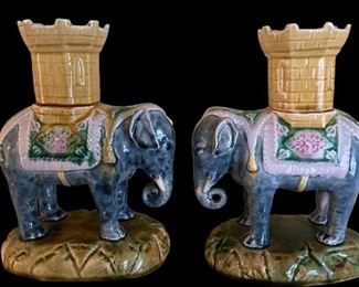 A PAIR OF STAFFORDSHIRE MAJOLICA ELEPHANT AND CASTLE SPILL VASES