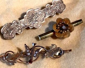 Vintage Diamond Floral, Etched Bird Bar Brooches