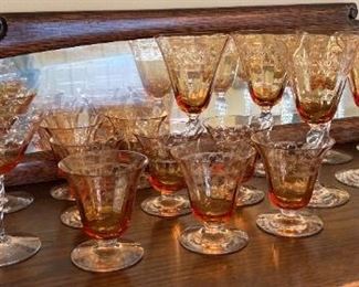 Vintage Etched Amber Crystal Wine Glasses