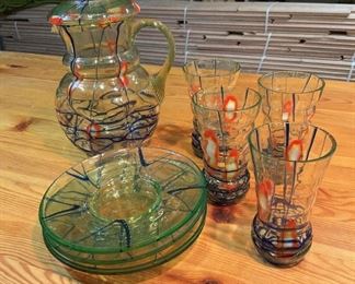 Art Glass Pitcher, Glasses Plates