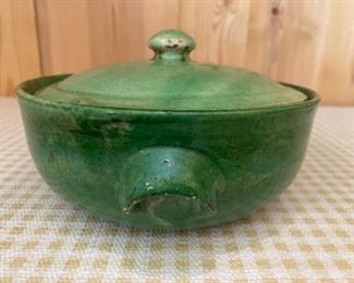 Early Lidded Pottery Bowl With A Rich Green Glazed