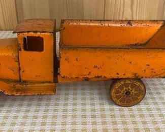 Vintage 1930s Pressed Steel Toy Dump Truck With Wood Wheels