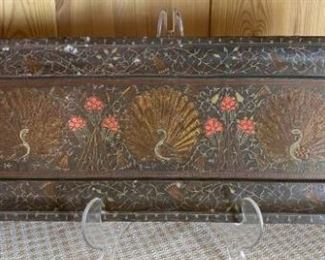 Etched Hand Painted Metal Peacock Tray