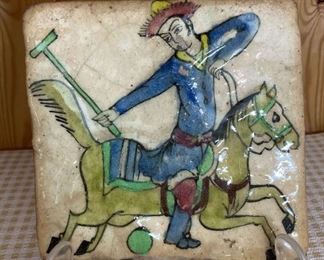 Antique Persian Iznik Qajar Style Square Ceramic Pottery Tile