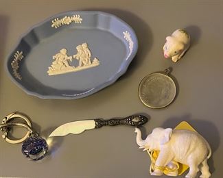 Wedgewood Trinket Dish, Sterling & Mother of Pearl Caviar Knife, Bisque Elephant, 1976 Innsbruck Olympics Swarovski Crystal Logo Keychain