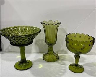 Vintage emerald glass pedestal dishes and vase
