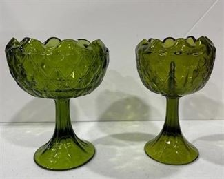 Indiana emerald glass diamond quilted crimped top chalices 9 in tall each