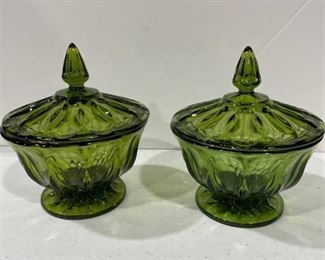 Vintage emerald glass covered candy dishes