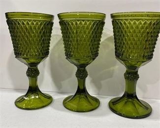 Indiana Glass emerald glass diamond point large goblets (3) 11 in tall each