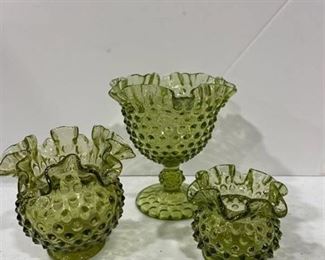 Fenton hobnail emerald glass ruffled top pieces (3)