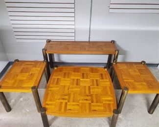 Beautiful LANE parquetry table set with  brass legs. 