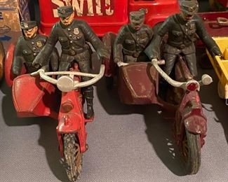 Hubley Cast Iron Police Motorcycles with Sidecars