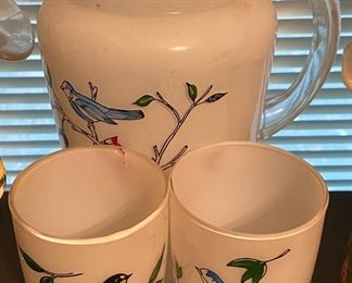 Vintage Bird Themed Frosted Pitcher and Glasses
