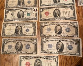 Red Seal Two Dollar Bills, Silver Certificates, Red Seal Five Dollar Bill, Blue Seal Ten Dollar Bills