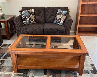 Mission Style Coffee Table, End Table and Sofa/Entry Table, Area Rug, 2 Loveseats, Table Lamp