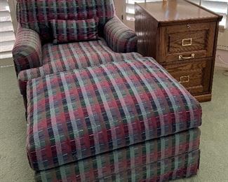 Custom Chair and Ottoman, Oak File Cabinet, Brass Lamp