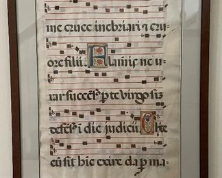 Antique Medieval Chant Music Leaf. Measures 17" x 22" Unframed; 24" x 30" Framed. 