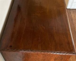 Antique English Chippendale Flame Mahogany Chest with Oak Lined Drawers. Original Brass Handles and Bracket Feet. Circa 1770. Measures 44" W x 19.5" D x 43.5" H. Photo 4 of 6. 