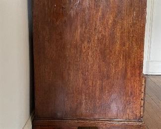 Antique English Chippendale Flame Mahogany Chest with Oak Lined Drawers. Original Brass Handles and Bracket Feet. Circa 1770. Measures 44" W x 19.5" D x 43.5" H. Photo 3 of 6. 