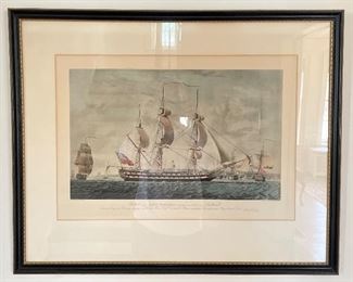 Antique Hand-Painted East Indiaman Lithograph. Measures 29" x 23" Framed; 21" x 14" Unframed. Photo 1 of 4. 