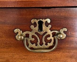 Antique English Chippendale Flame Mahogany Chest with Oak Lined Drawers. Original Brass Handles and Bracket Feet. Circa 1770. Measures 44" W x 19.5" D x 43.5" H. Photo 2 of 6. 