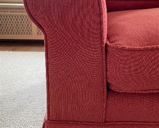 Crate & Barrel Three Seat Sofa Upholstered in Raspberry-Colored Fabric. Measures 84" W x 36" D. Photo 3 of 4. 