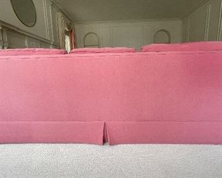 Crate & Barrel Three Seat Sofa Upholstered in Raspberry-Colored Fabric. Measures 84" W x 36" D. Photo 2 of 4.