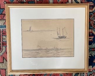 Reynolds Beal (1908), "Deep Green Sea - Whitecaps" Pencil On Paper. Measures 21" x 18" Framed; 13.25" x 9.25" Unframed. Photo 1 of 4. 