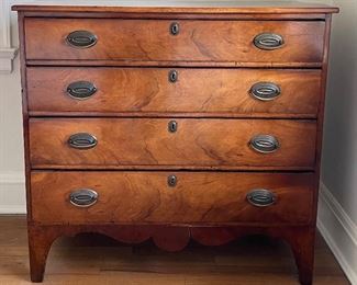 Antique English Flame Mahogany Chest of Drawers with Brass Pulls. Measures 38.5" W x 18.5" D x 36.5" H. Photo 1 of 6.