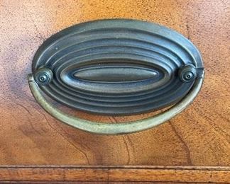 Antique English Flame Mahogany Chest of Drawers with Brass Pulls. Measures 38.5" W x 18.5" D x 36.5" H. Photo 4 of 6. 