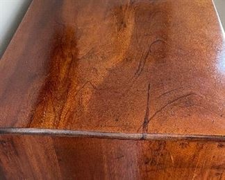 Antique English Flame Mahogany Chest of Drawers with Brass Pulls. Measures 38.5" W x 18.5" D x 36.5" H. Photo 2 of 6.