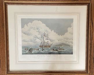 Antique South Sea Whale Fishery Hand-Painted Lithograph. Measures 22.5" x 17" Unframed, 32.5" x 28" Framed. Photo 1 of 3.