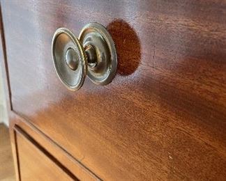 Antique English Chippendale Mahogany Chest with Brass Pulls. Circa 1765. Measures 44" W x 19.5" D x 43.5" H. Photo 3 of 6.