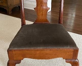 Pair of Antique Solid Walnut Queen-Anne Chairs With Vase-Shaped Back Splats and Cabriole Front Lets. Circa 1710. Upholstered in Mole-Color Velvet Upholstery. Photo 1 of 5. 