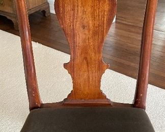 Pair of Antique Solid Walnut Queen-Anne Chairs With Vase-Shaped Back Splats and Cabriole Front Lets. Circa 1710. Upholstered in Mole-Color Velvet Upholstery. Photo 4 of 5.
