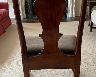 Pair of Antique Solid Walnut Queen-Anne Chairs With Vase-Shaped Back Splats and Cabriole Front Lets. Circa 1710. Upholstered in Mole-Color Velvet Upholstery.  Photo 5 of 5.
