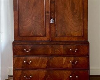 Antique English Flame Mahogany Linen Press with Original Bracket Feet. Measures 48" W x 23" D x 78" H. Photo 1 of 6. 