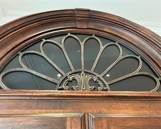 Top detail on Large scale wet bar cabinet by Drexel Heritage. Measures 9’3” tall 4’9” wide 2’5” deep