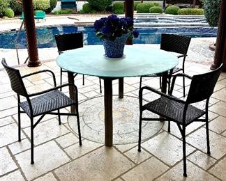 Teak base/ glass top patio table 