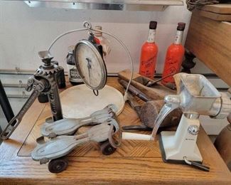 #1506 • Antique Meat Grinder, Roller Skates, Scale and More with End Table