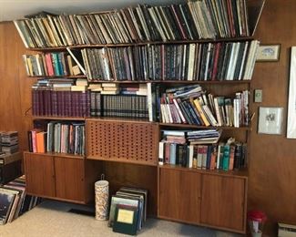 Mid Century Modern Danish Floating Shelf Unit w/ Drop Down Desk, Lots of Records & Books