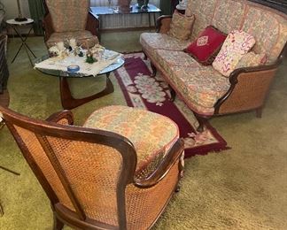 Vintage Double Caned Carved Wood Chairs and Sofa