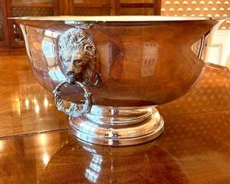 SOLD: Silver Plate Lion Head Punch Bowl. Includes silver cups and ladle. 