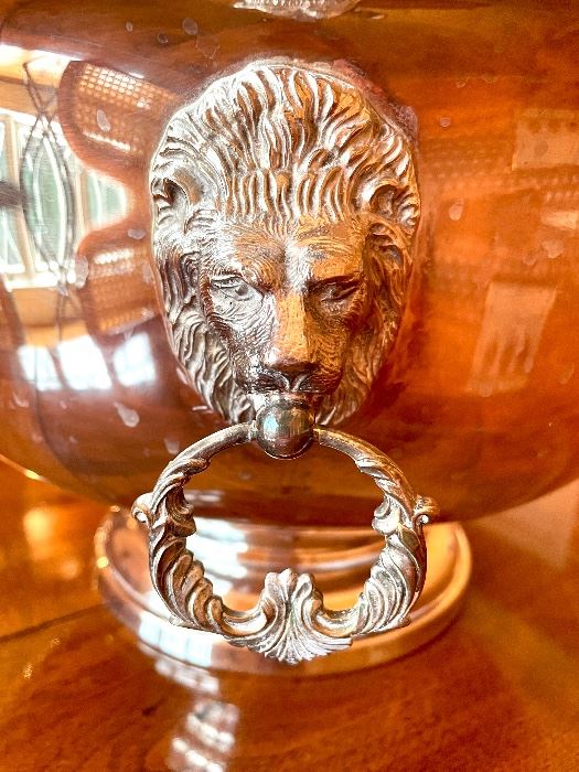 SOLD: Silver Plate Lion Head Punch Bowl. Includes silver cups and ladle. 